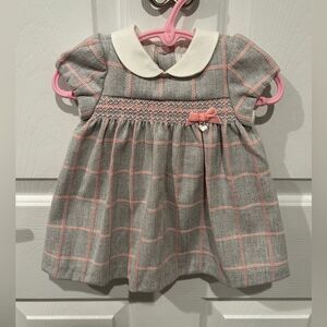 Mayoral Gray and Pink Plaid Baby Dress, Lined, Button Up Back, Size 2-4 Months